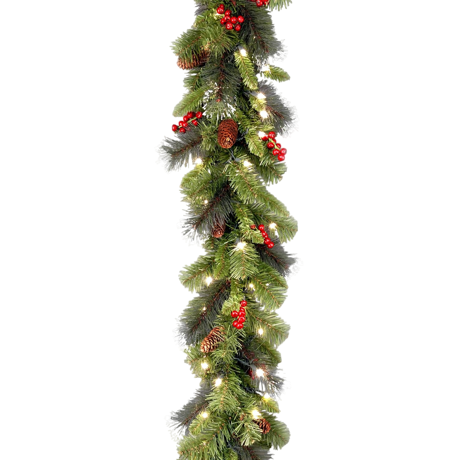Festive garland with green pine branches, red berries, pinecones, and warm white lights.