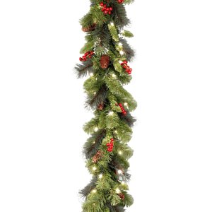 Festive garland with green pine branches, red berries, pinecones, and warm white lights.