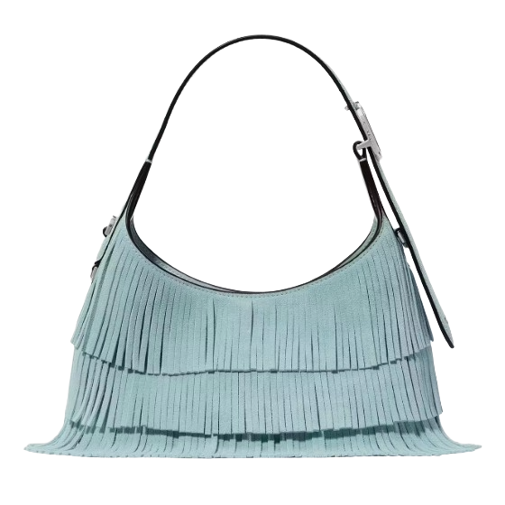 A turquoise handbag with a single strap and a layered fringe design.