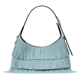 A turquoise handbag with a single strap and a layered fringe design.