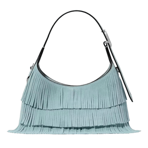 A turquoise handbag with a single strap and a layered fringe design.