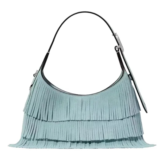 A turquoise handbag with a single strap and a layered fringe design.
