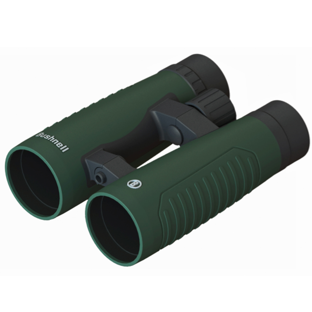 Green binoculars with a textured grip and a central focus wheel, branded \“Bushnell.\“