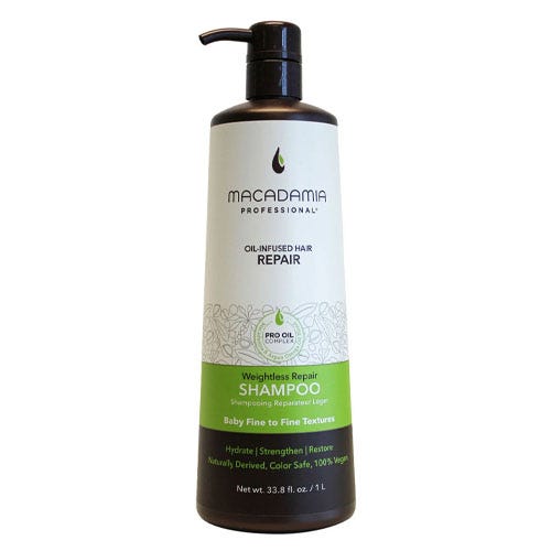 Macadamia Professional Weightless Repair Shampoo is oil-infused, aimed at repairing baby fine to fine hair textures. It's color-safe, 100% vegan, and offers hydration, strength, and restoration.