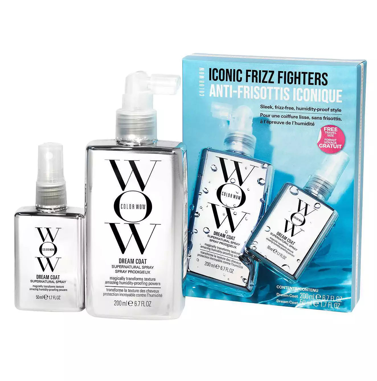A set of three Color Wow Dream Coat hair products, including two larger bottles and one smaller spray, aimed at combating frizz, are displayed alongside their packaging.