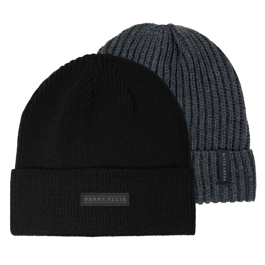 Two Perry Ellis beanies: one black with a smooth texture and one gray with a ribbed pattern, both featuring a branded label.