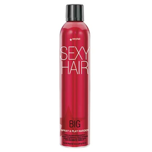 Big Sexy Hair Spray & Play Harder, a volumizing hair spray in a red can, designed for maximum hold and shine.