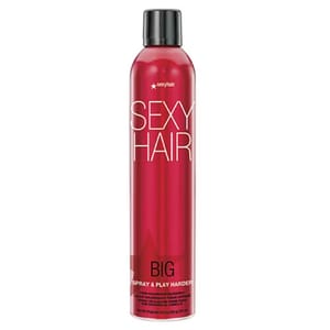 Big Sexy Hair Spray & Play Harder, a volumizing hair spray in a red can, designed for maximum hold and shine.