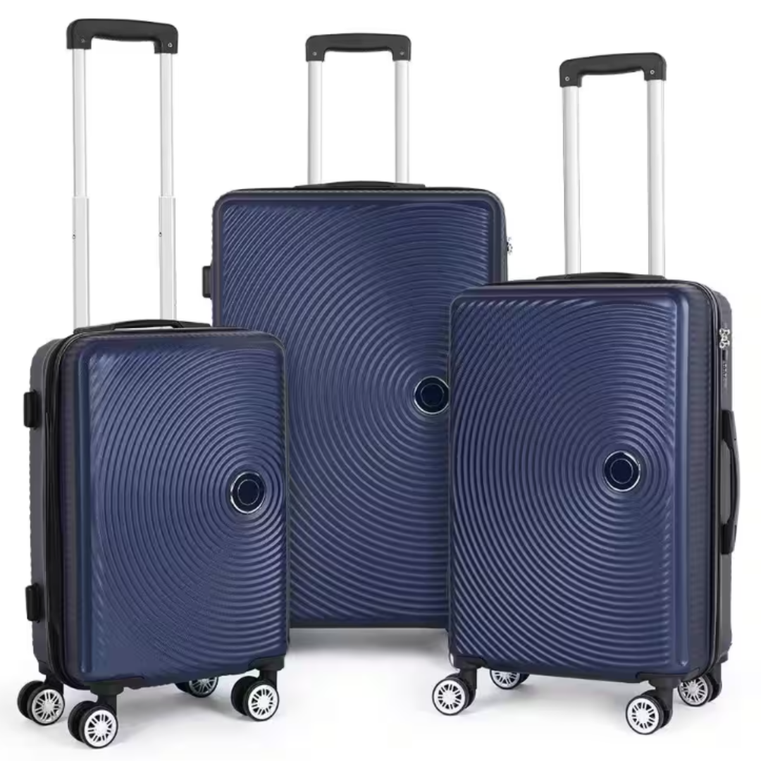 Three varying sizes of blue hard shell suitcases with telescopic handles and wheels.