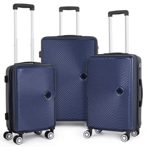Three varying sizes of blue hard shell suitcases with telescopic handles and wheels.