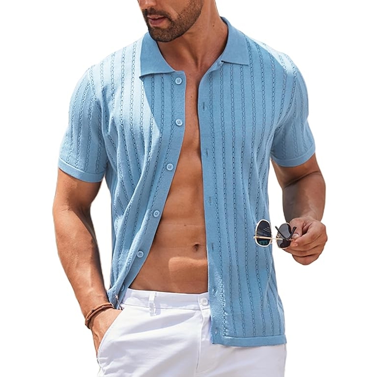 Light blue short-sleeve button-up polo with a textured vertical stripe pattern, worn open over a bare torso, paired with white pants.