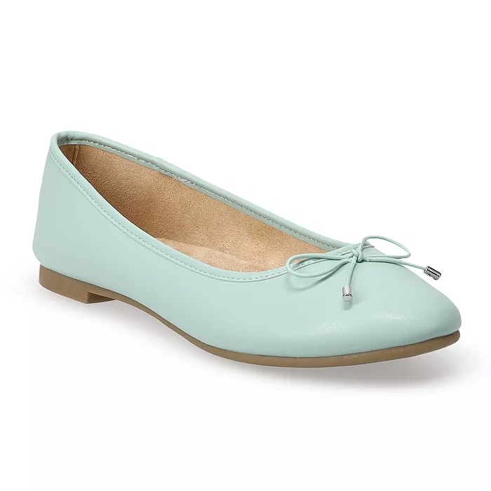 A light blue ballet flat with a small bow on the front and a light brown sole.