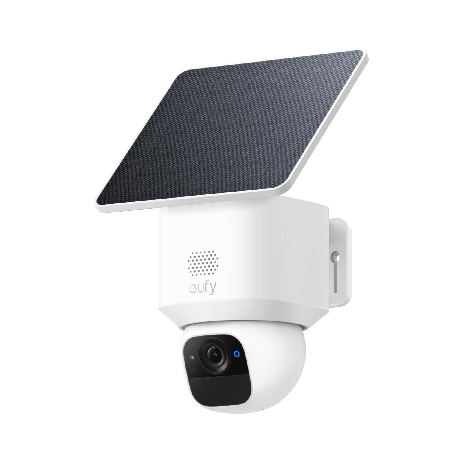The Eufy Solar Camera is a white security camera with a built-in solar panel for continuous charging, featuring a cylindrical shape with a black front panel housing the lens and sensors, designed for outdoor use.