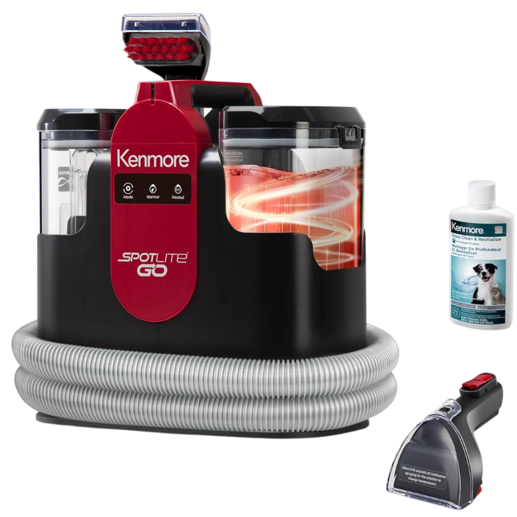 Kenmore Spotlite Go: a portable carpet cleaner with a hose and scrub brush, featuring modes for Mobo, Normal, and Heated cleaning. Includes a bottle of Kenmore Deep Clean & Revitalize solution.