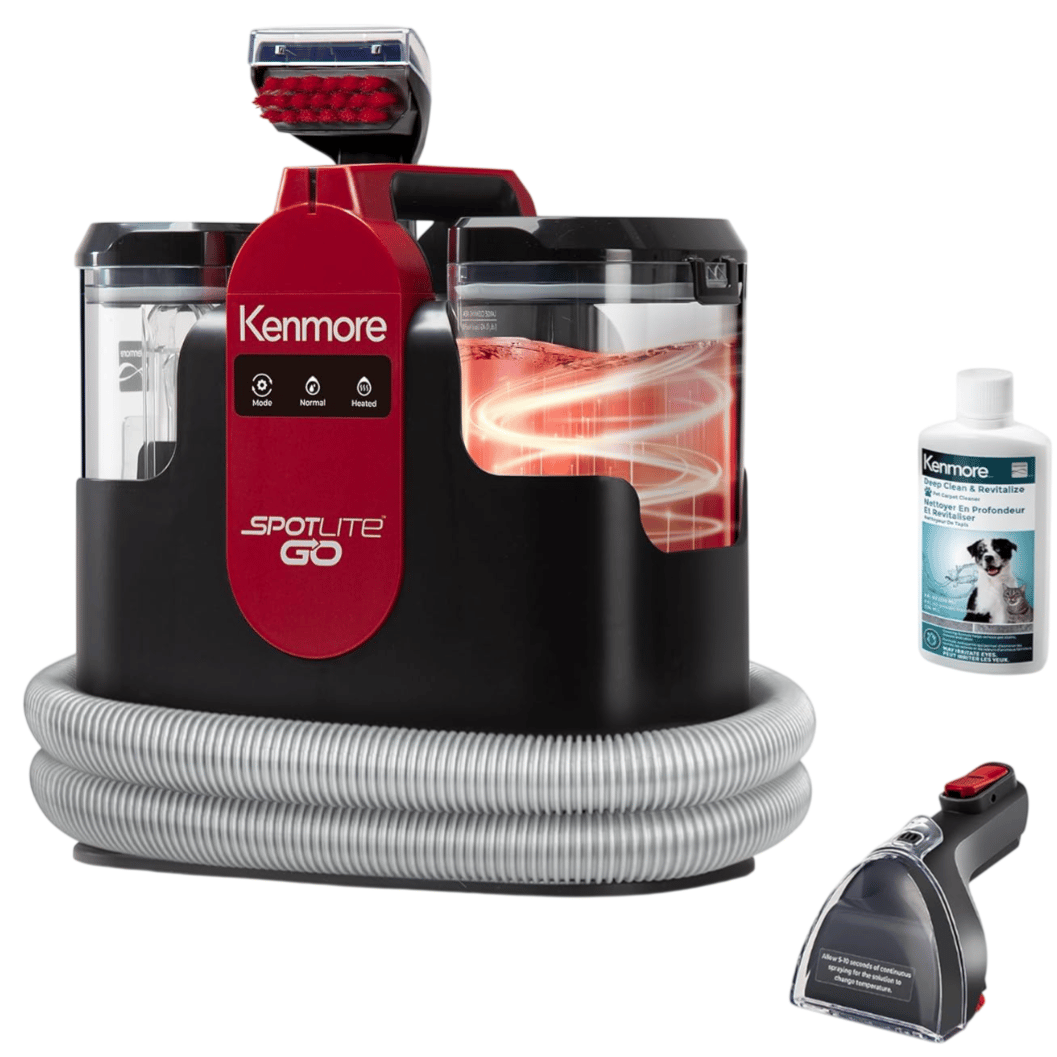 Kenmore Spotlite Go: a portable carpet cleaner with a hose and scrub brush, featuring modes for Mobo, Normal, and Heated cleaning. Includes a bottle of Kenmore Deep Clean & Revitalize solution.