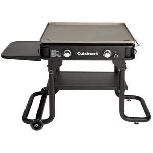 Cuisinart 28\“ Flat-Top Grill with two burners, featuring a spacious griddle surface, side shelf for prep, lower storage shelf, and wheels for mobility, ideal for outdoor cooking.