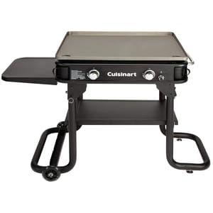 Cuisinart 28\“ Flat-Top Grill with two burners, featuring a spacious griddle surface, side shelf for prep, lower storage shelf, and wheels for mobility, ideal for outdoor cooking.