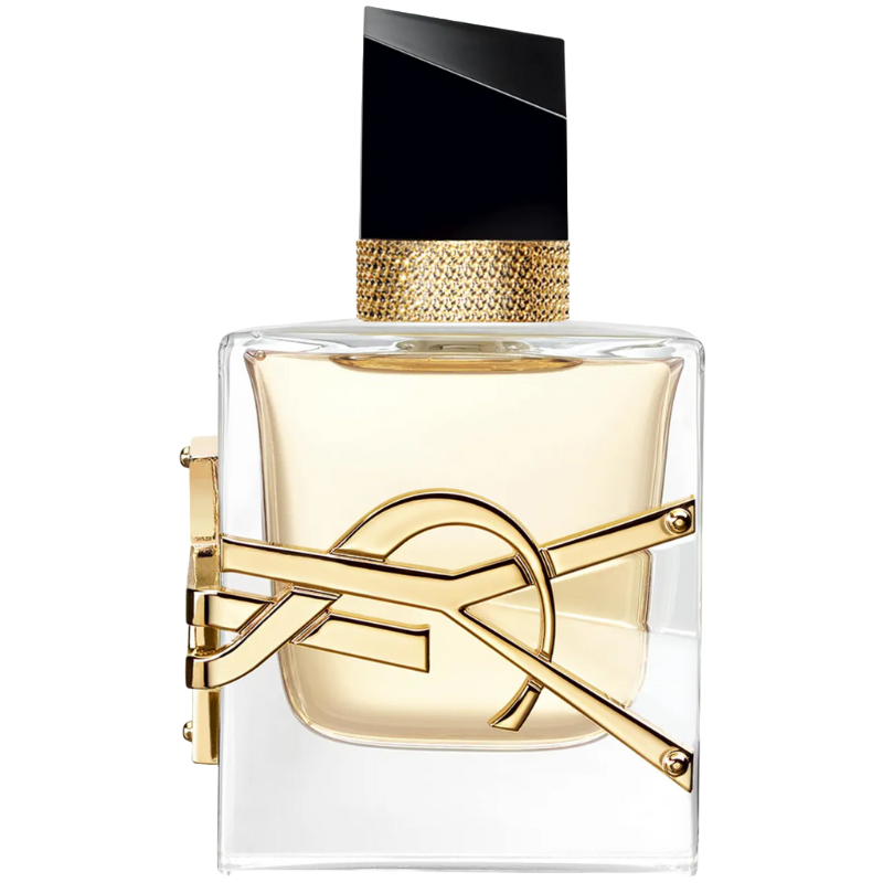 YSL Libre Perfume features a clear square bottle with a geometric black cap, embellished with gold hardware and the YSL logo. The fragrance inside is a light amber color.