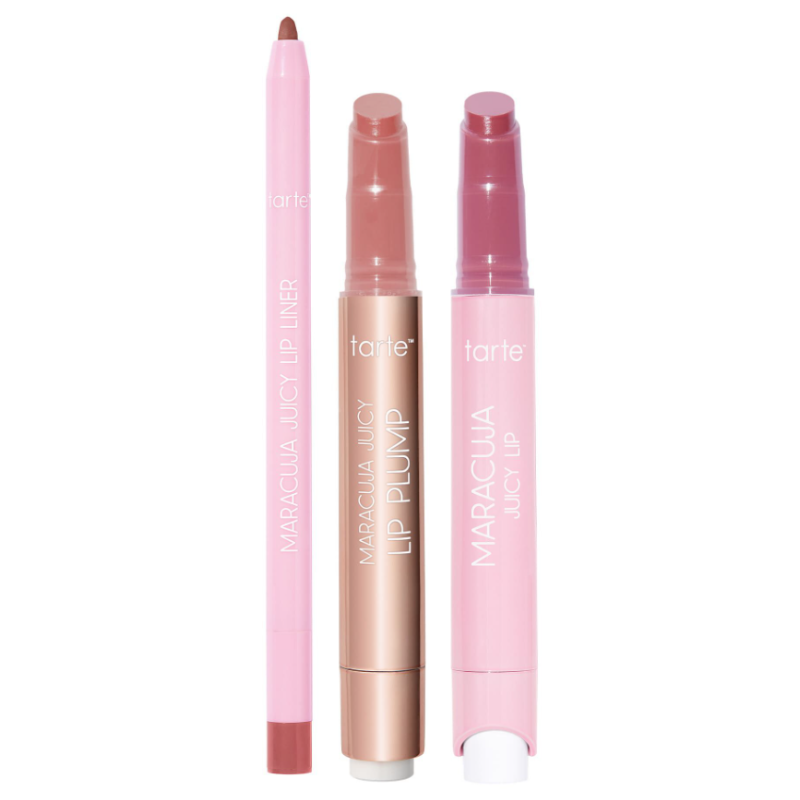 The 3pc Maracuja Juicy Lip Set includes a Maracuja Juicy Lip Liner, Lip Plump, and Juicy Lip. The set features soft pink and neutral tones, providing a coordinated lip routine.