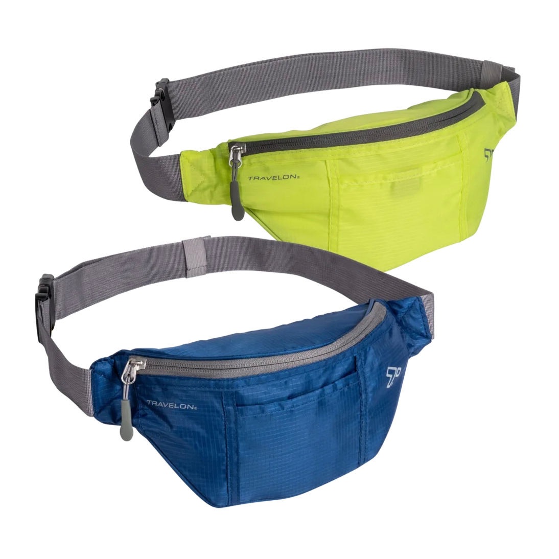 Two Travelon waist packs are shown, one in bright green and the other in blue, both featuring gray adjustable straps, a main zippered compartment, and a small front pocket.