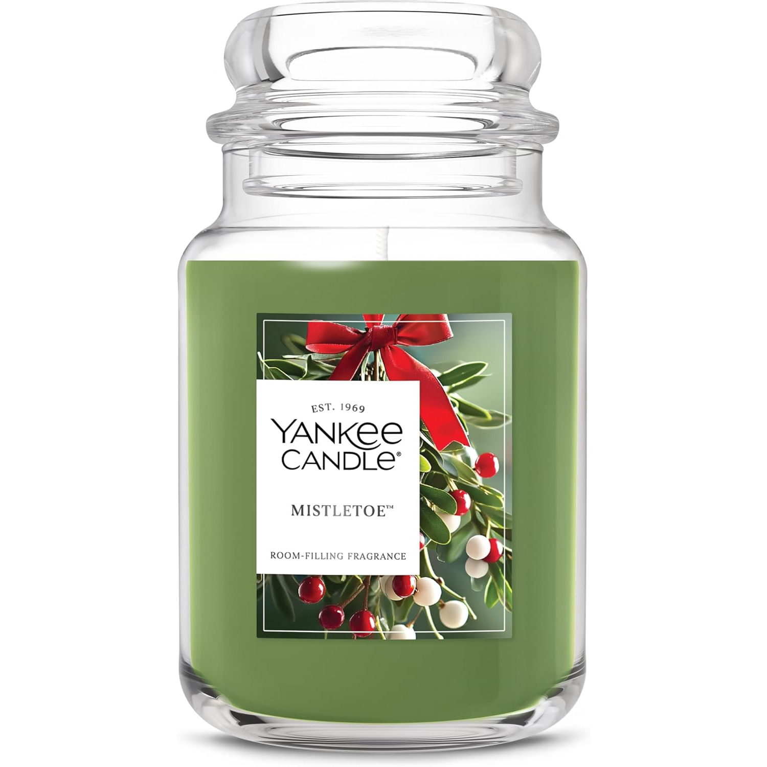 Yankee Candle Mistletoe, a green jar candle featuring a room-filling fragrance, with festive mistletoe imagery and a red ribbon.