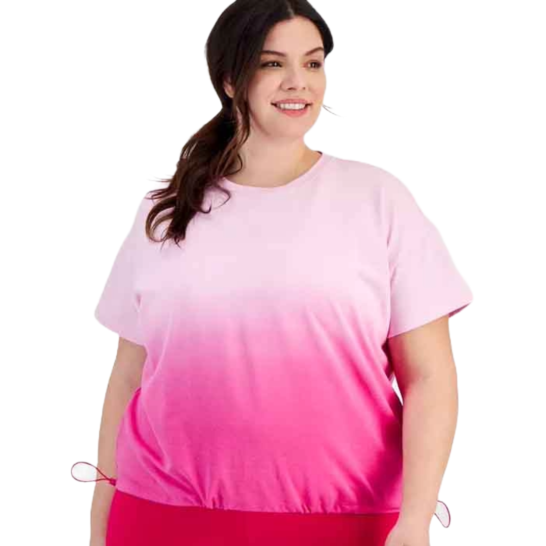 A plus-size ombre T-shirt transitioning from light pink at the top to a vibrant pink at the bottom, featuring short sleeves and a drawstring at the hem for adjustable fit.