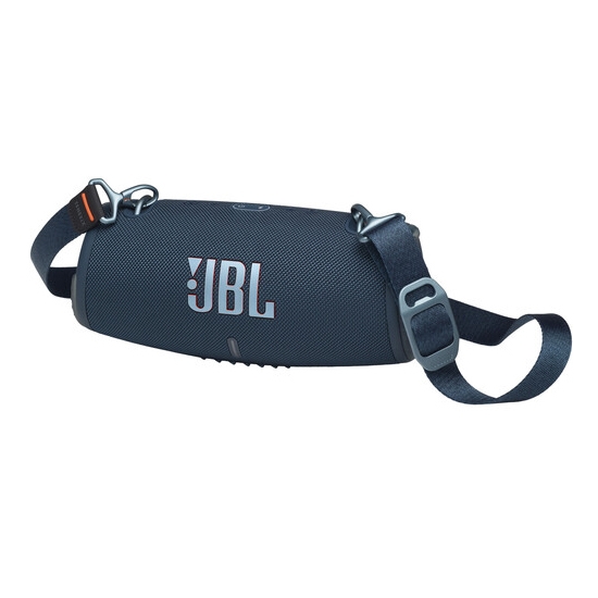 A portable Bluetooth speaker with a carry strap.