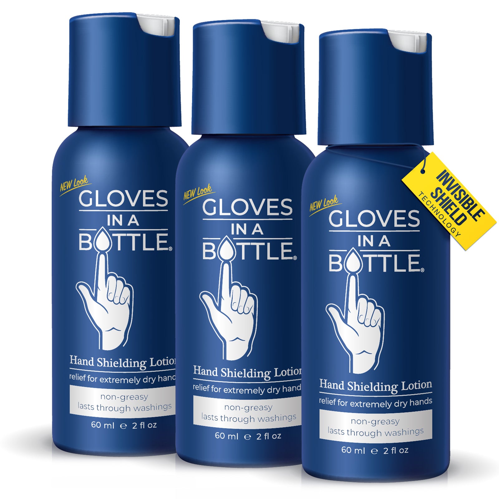 Three bottles of Gloves In A Bottle hand shielding lotion, each 60 ml, with labels stating it's non-greasy and lasts through washings.