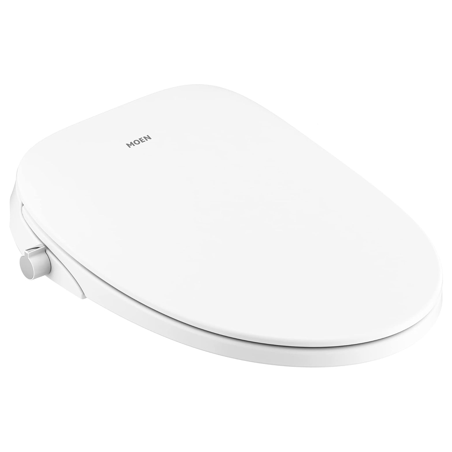 White Moen toilet seat with a side control knob, featuring a streamlined design and some branding on top.