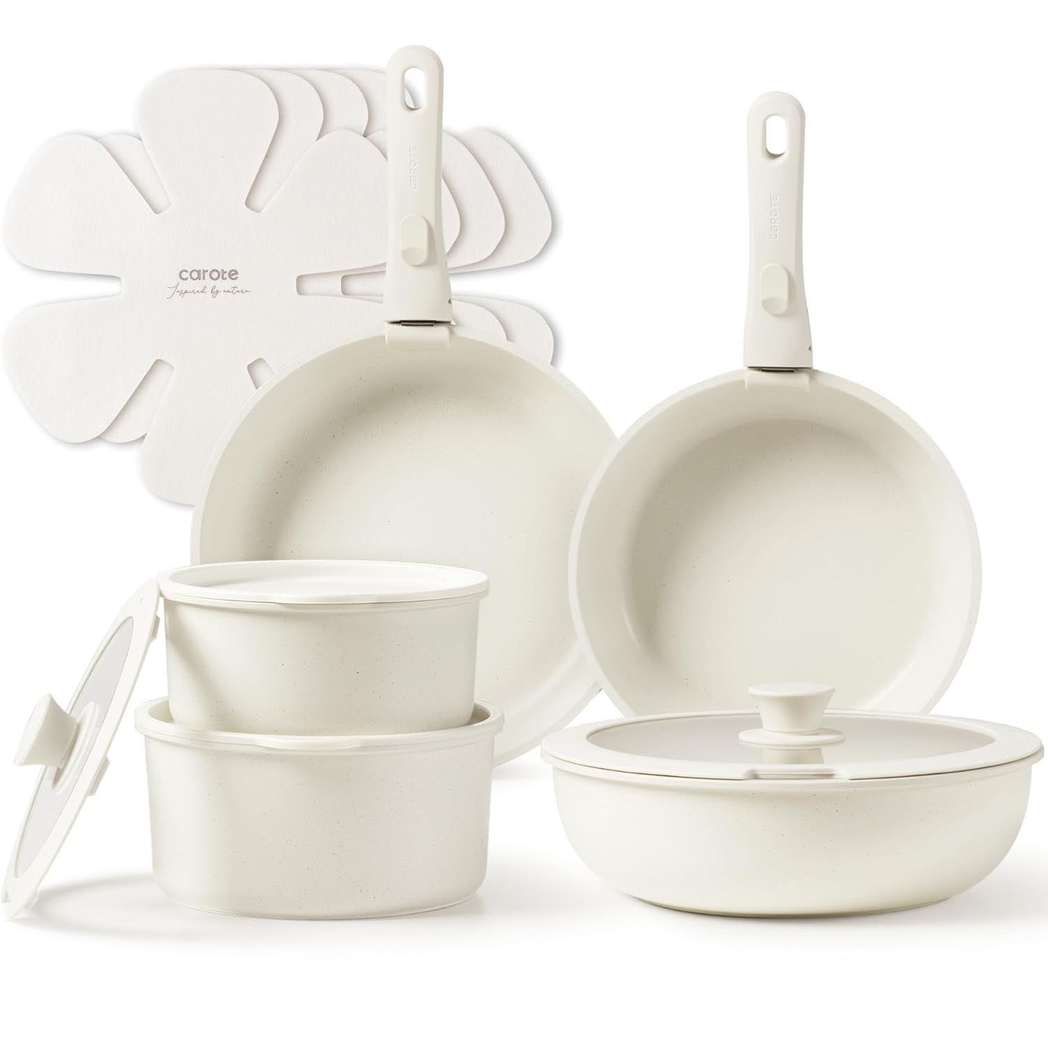 The Carote Detachable-Handle Cookware features two frying pans and three pots with lids, along with felt protectors. All items are white with speckled designs, offering versatility and easy storage due to the detachable handles.