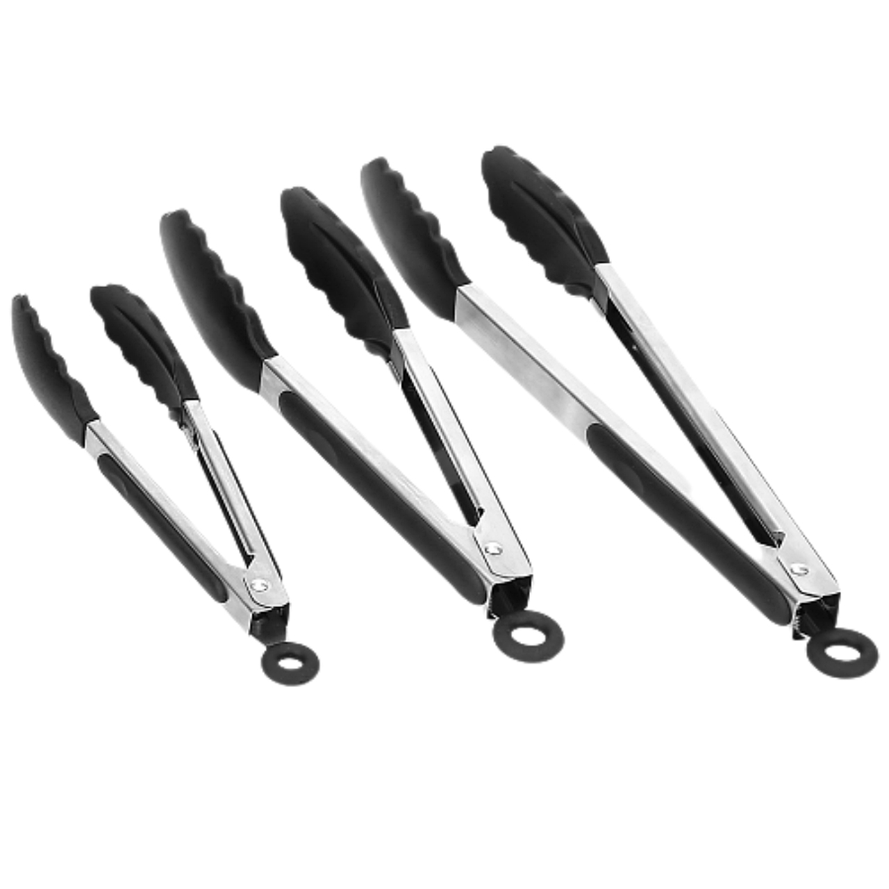 A set of three kitchen tongs with silicone tips and stainless steel handles, featuring a locking mechanism and hanging loops. The tongs vary in size, suitable for different cooking tasks.