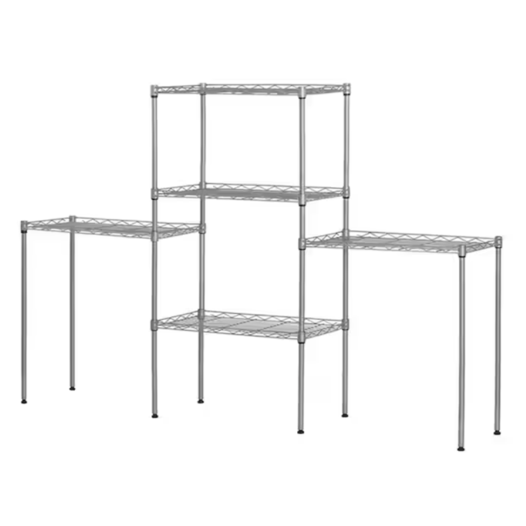 Metal shelving units with adjustable heights and multiple tiers.