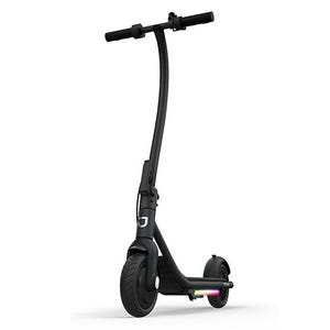 A sleek, black electric scooter with a curved handlebar and a front LED light strip near the base.