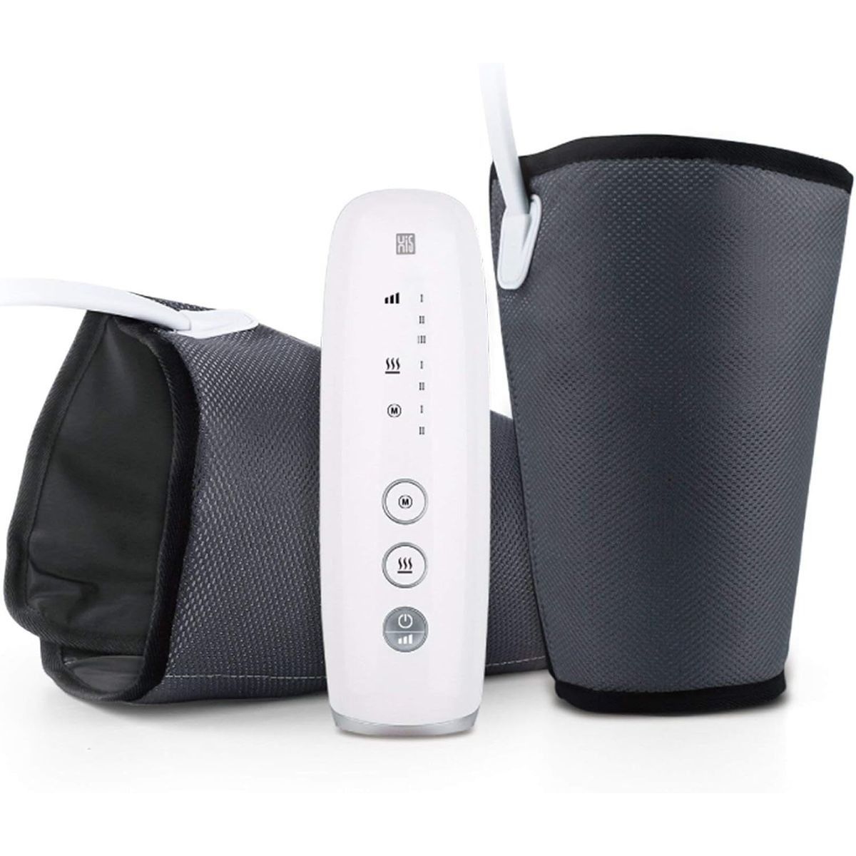 Leg massager with a handheld control unit featuring buttons for power, mode selection, and heat adjustment, accompanied by two adjustable compression sleeves.