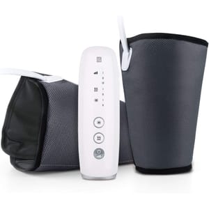 Leg massager with a handheld control unit featuring buttons for power, mode selection, and heat adjustment, accompanied by two adjustable compression sleeves.