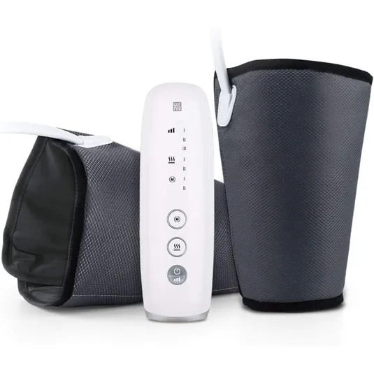 Leg massager with a handheld control unit featuring buttons for power, mode selection, and heat adjustment, accompanied by two adjustable compression sleeves.
