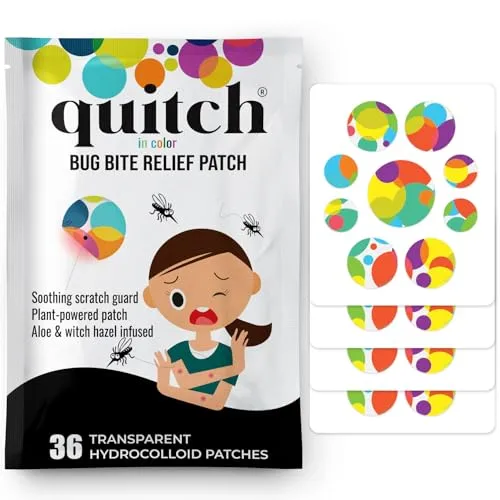 Quitch bug bite relief patches with soothing scratch guard, plant-powered formula, and aloe with witch hazel. Pack includes 36 transparent hydrocolloid patches.