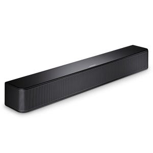 Black soundbar with a sleek design and textured front grille.