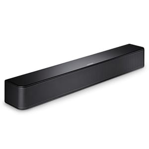 Black soundbar with a sleek design and textured front grille.