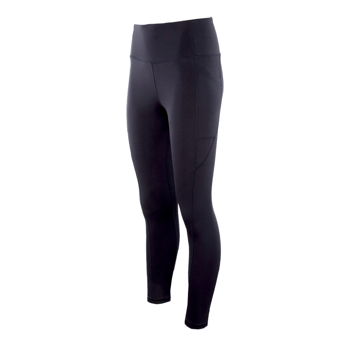 Black, high-waisted leggings with a sleek design and side pocket. Suitable for athletic activities or casual wear.