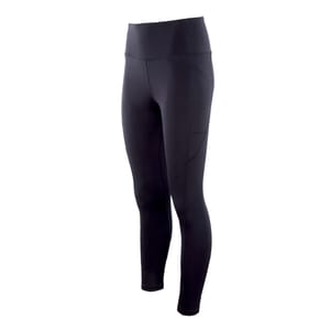 Black, high-waisted leggings with a sleek design and side pocket. Suitable for athletic activities or casual wear.