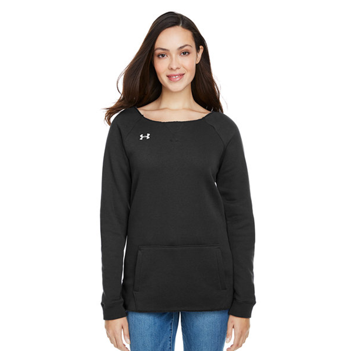 UA Women's Hustle Fleece in black features a small Under Armour logo on the left chest, a front kangaroo pocket, and long sleeves, paired with blue jeans.