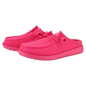 Bright pink slip-on shoes with mesh texture and lace detail, featuring cushioned soles and open-heel design for easy wear.
