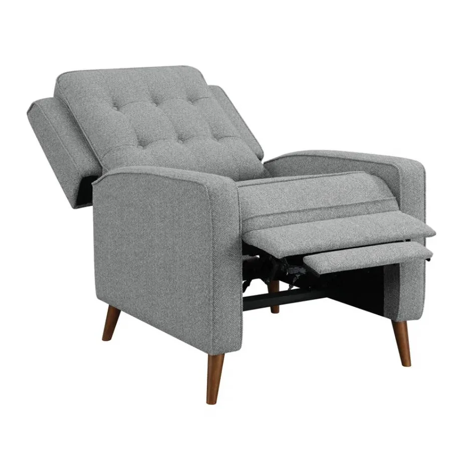 A gray upholstered recliner with a tufted backrest, extended footrest, and wooden legs, combining a modern and comfortable design.