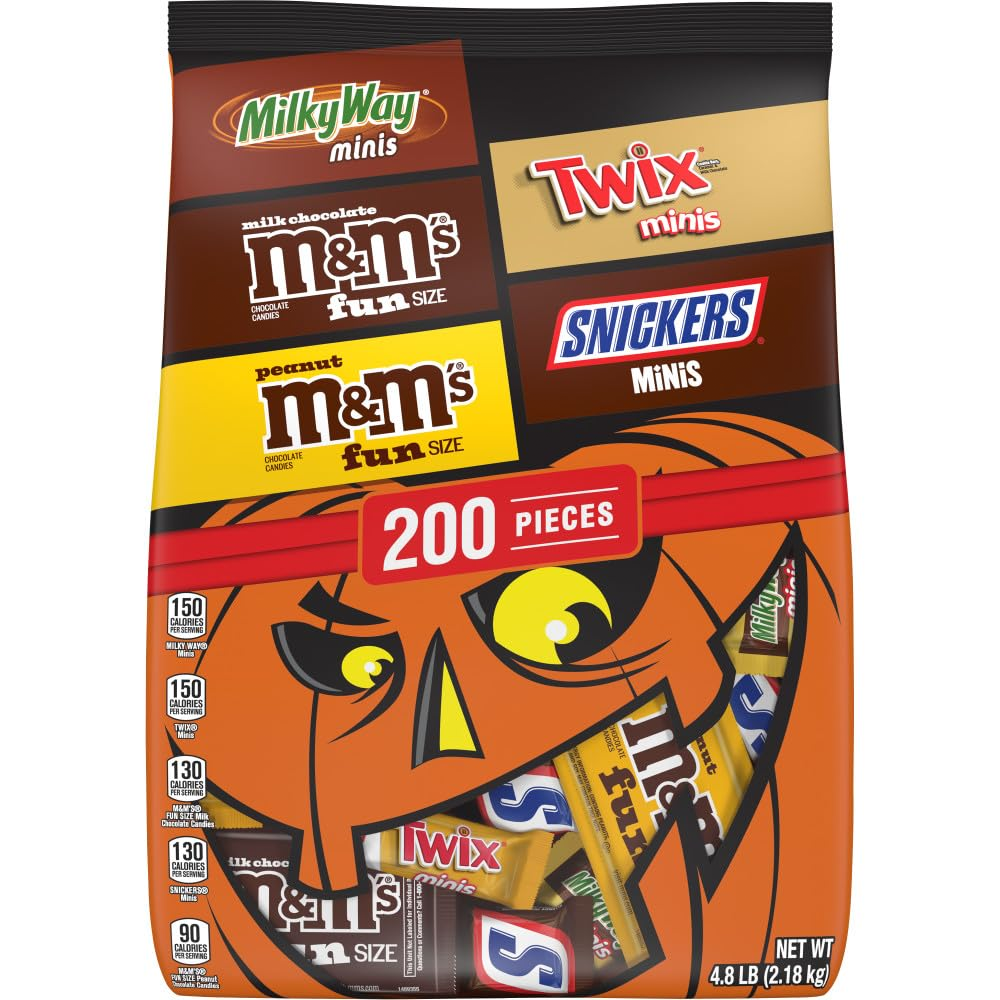 Bag of assorted candies including Milky Way Minis, Twix Minis, Snickers Minis, Milk Chocolate M&M's Fun Size, and Peanut M&M's Fun Size. Contains 200 pieces, weighing 4.8 lbs (2.18 kg), with a pumpkin-themed design.