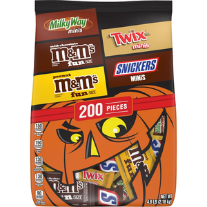 Bag of assorted candies including Milky Way Minis, Twix Minis, Snickers Minis, Milk Chocolate M&M's Fun Size, and Peanut M&M's Fun Size. Contains 200 pieces, weighing 4.8 lbs (2.18 kg), with a pumpkin-themed design.