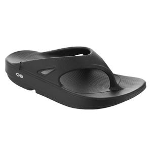 Black flip-flop sandal with a thick, ergonomically designed sole and textured footbed for comfort.
