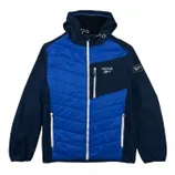 Blue and black Reebok jacket with a hood, featuring a front zipper and multiple pockets.