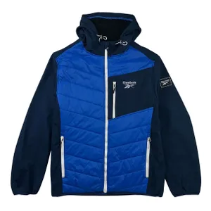 Blue and black Reebok jacket with a hood, featuring a front zipper and multiple pockets.