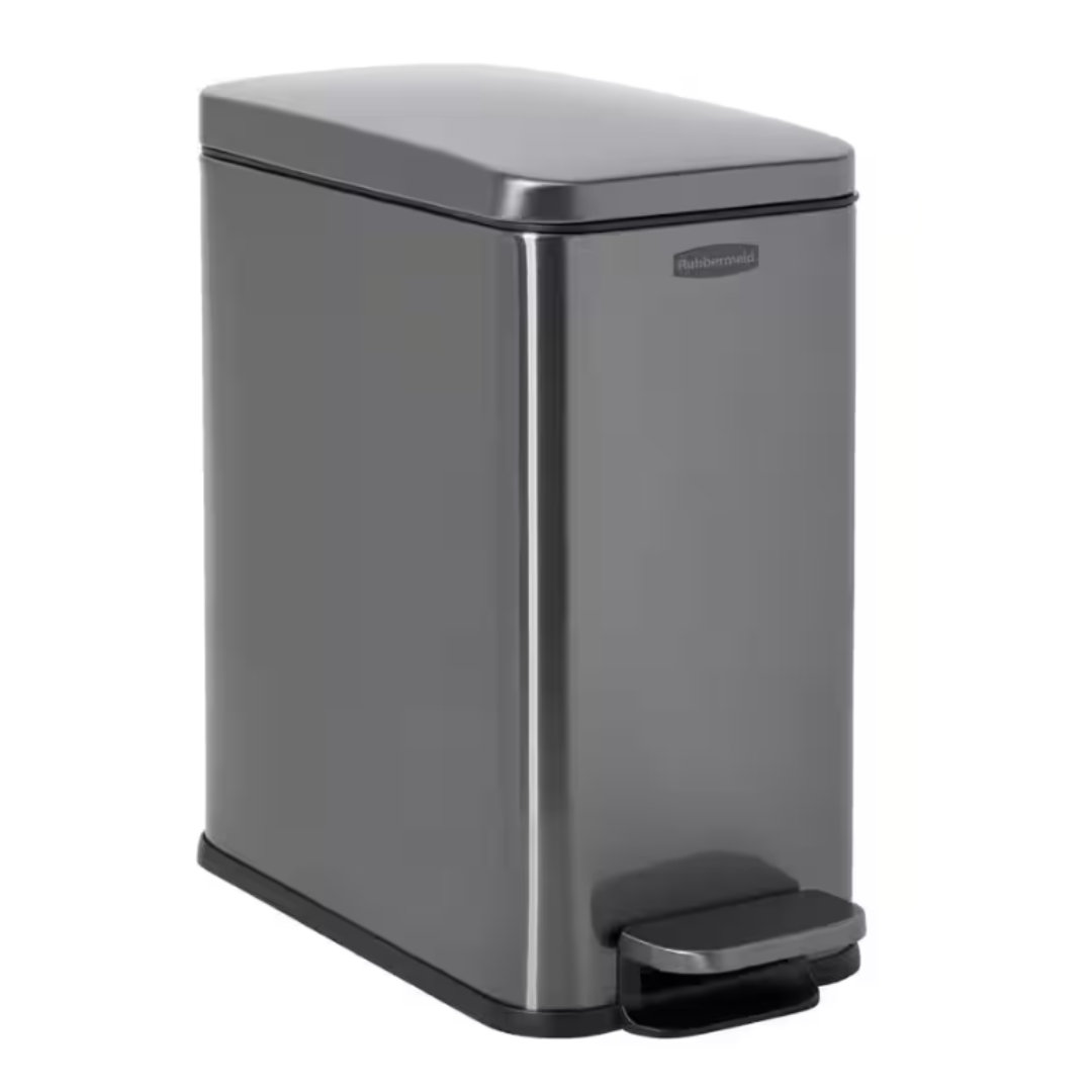 A rectangular, stainless steel step trash can with a foot pedal, designed for hands-free operation.